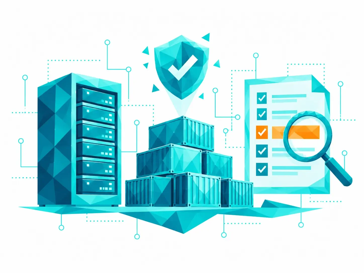 Stilisierter Server-Rack, gestapelte Container, ein Schutzschild mit Häkchen und eine Stückliste mit Lupe in Türkis – Software-Stückliste und Schwachstellen-Überwachung on-premise